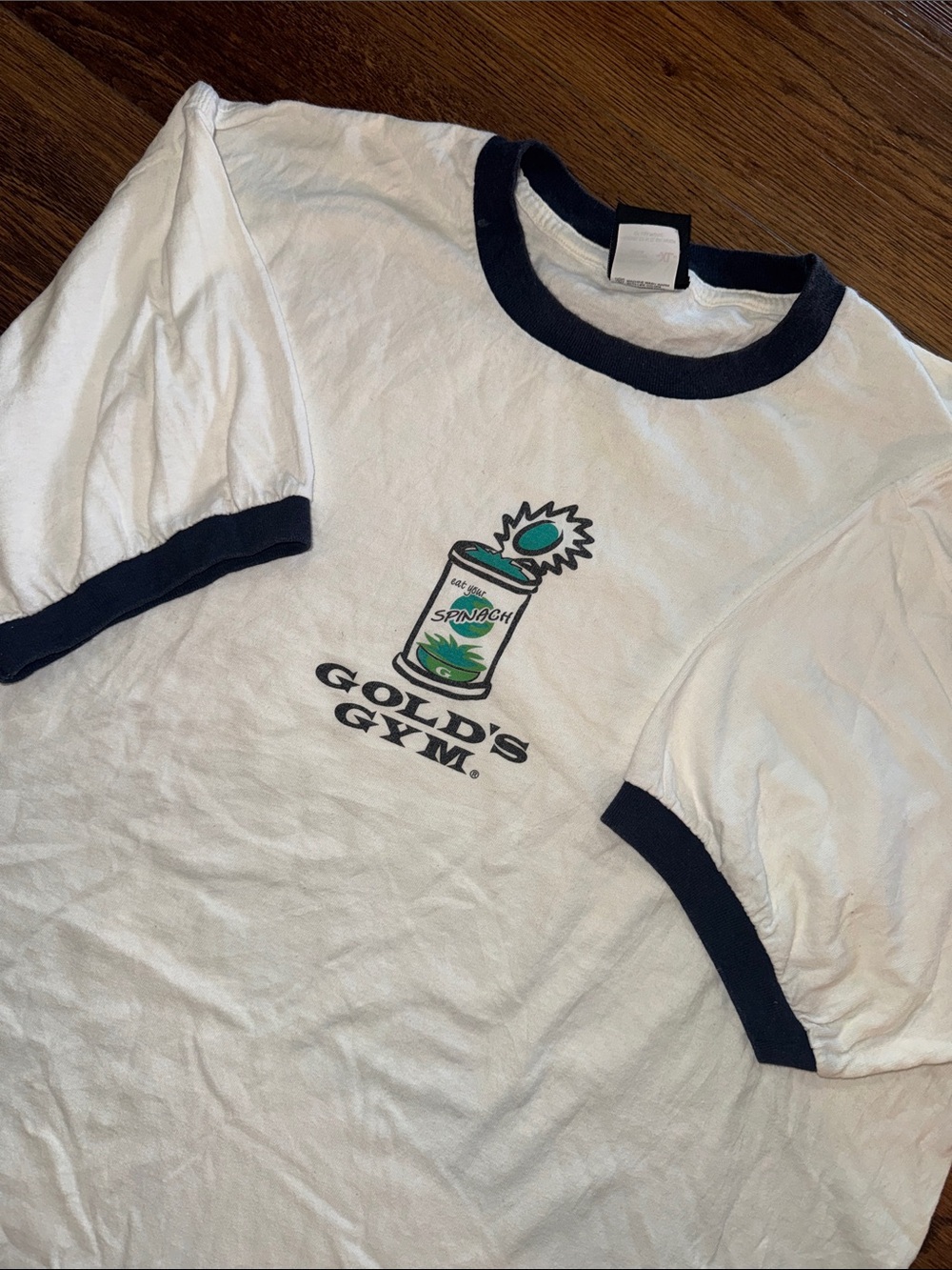 Vintage 90s Gold's Gym Spinach Can White Ringer Tee Gagwear Tag - XL - Picture 6 of 6